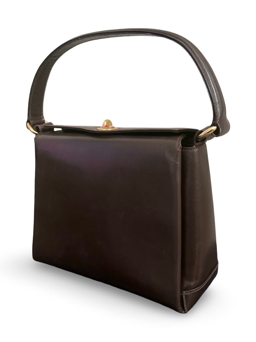 Vintage Gucci Brown Leather Top Handle Shoulder Bag Gold Turn Lock Purse